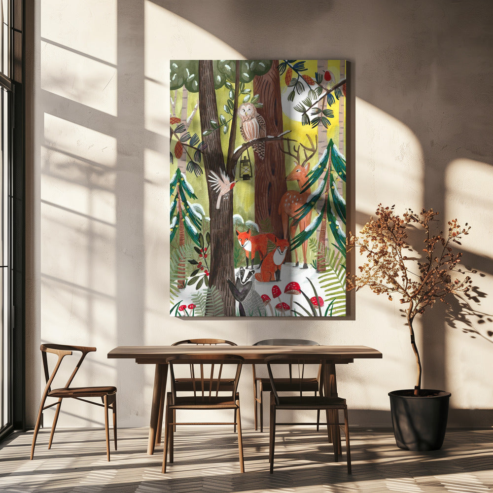 Décoration murale Forêt de Noël verte avec animaux Impression sur toile