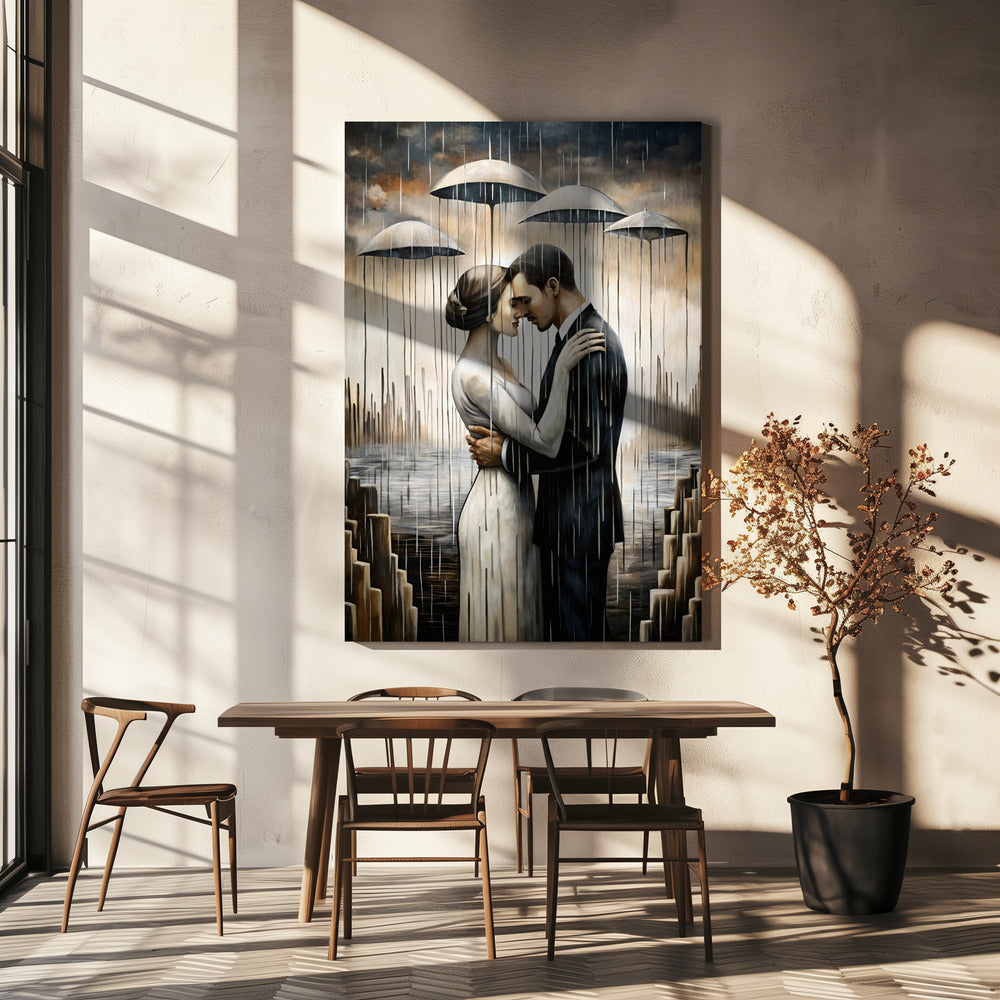 Un baiser sous les parapluies flottants - Décoration murale