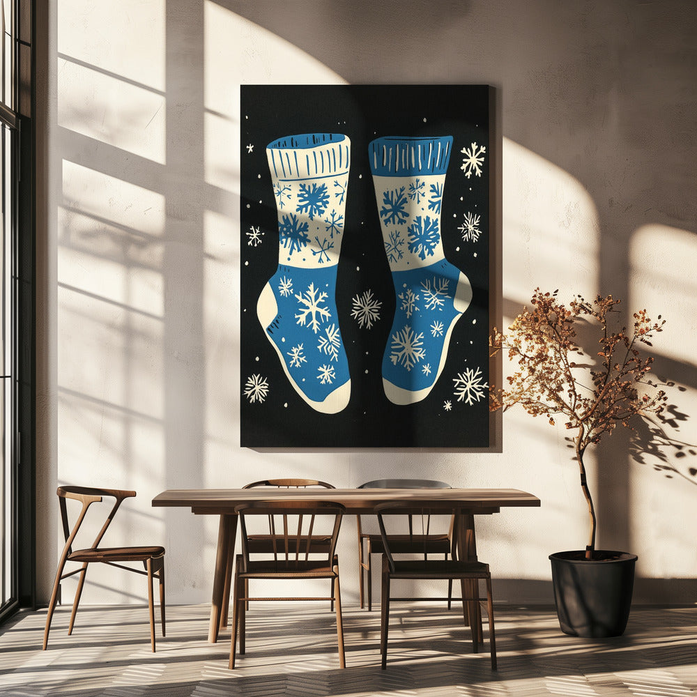 Décoration murale Chaussettes vintage en tricot bleu sur fond noir - Impression sur toile