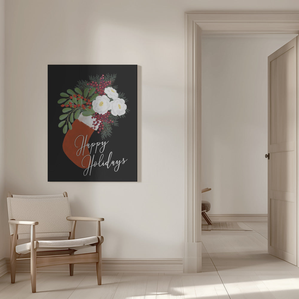 Tableau mural Chaussette florale Joyeuses fêtes sur toile noire