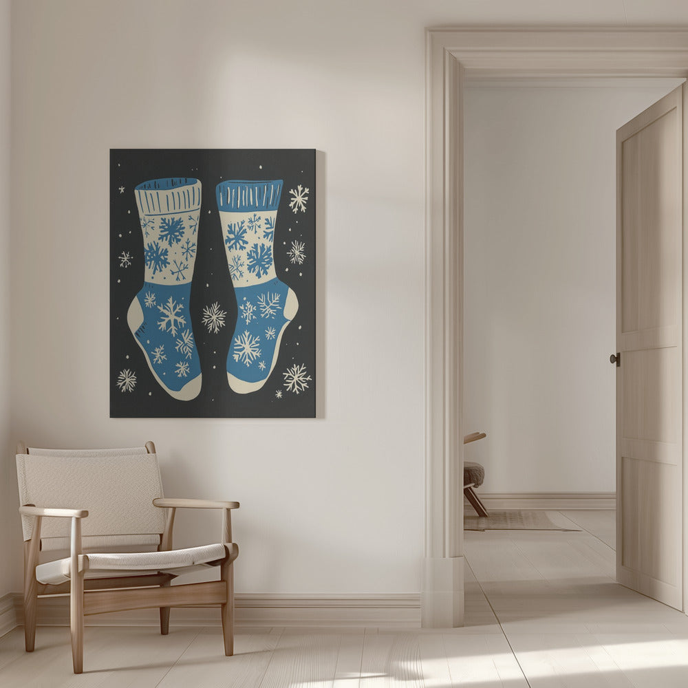 Décoration murale Chaussettes vintage en tricot bleu sur fond noir - Impression sur toile