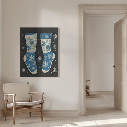 Décoration murale Chaussettes vintage en tricot bleu sur fond noir - Impression sur toile