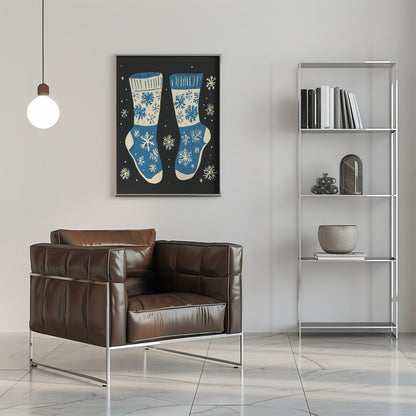 Décoration murale Chaussettes vintage en tricot bleu sur fond noir - Impression sur toile
