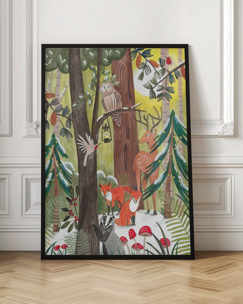Décoration murale Forêt de Noël verte avec animaux Impression sur toile