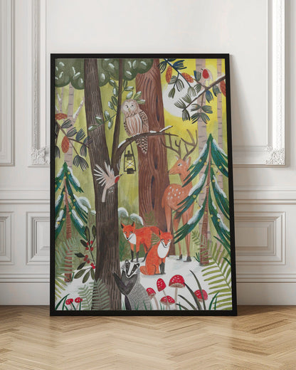 Décoration murale Forêt de Noël verte avec animaux Impression sur toile
