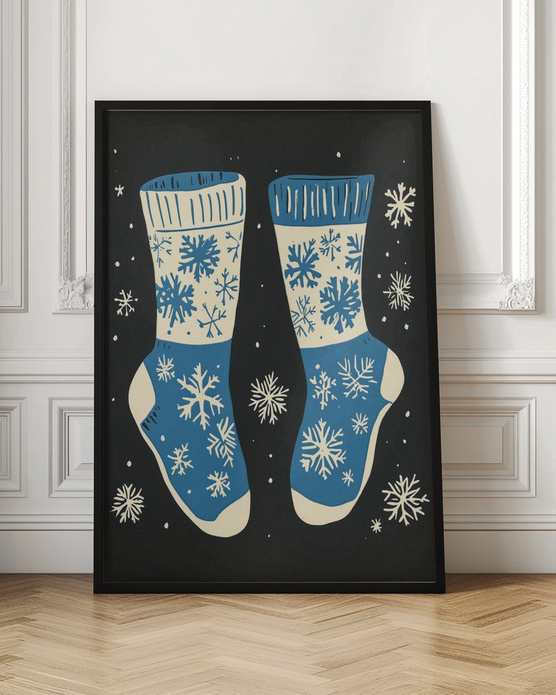 Décoration murale Chaussettes vintage en tricot bleu sur fond noir - Impression sur toile