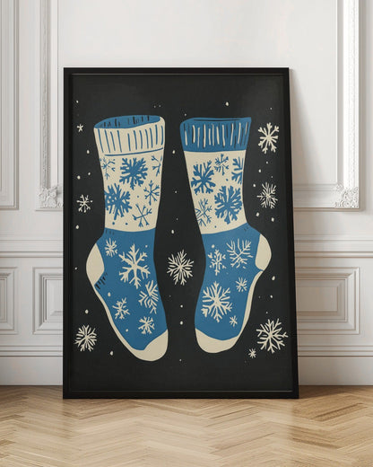 Décoration murale Chaussettes vintage en tricot bleu sur fond noir - Impression sur toile