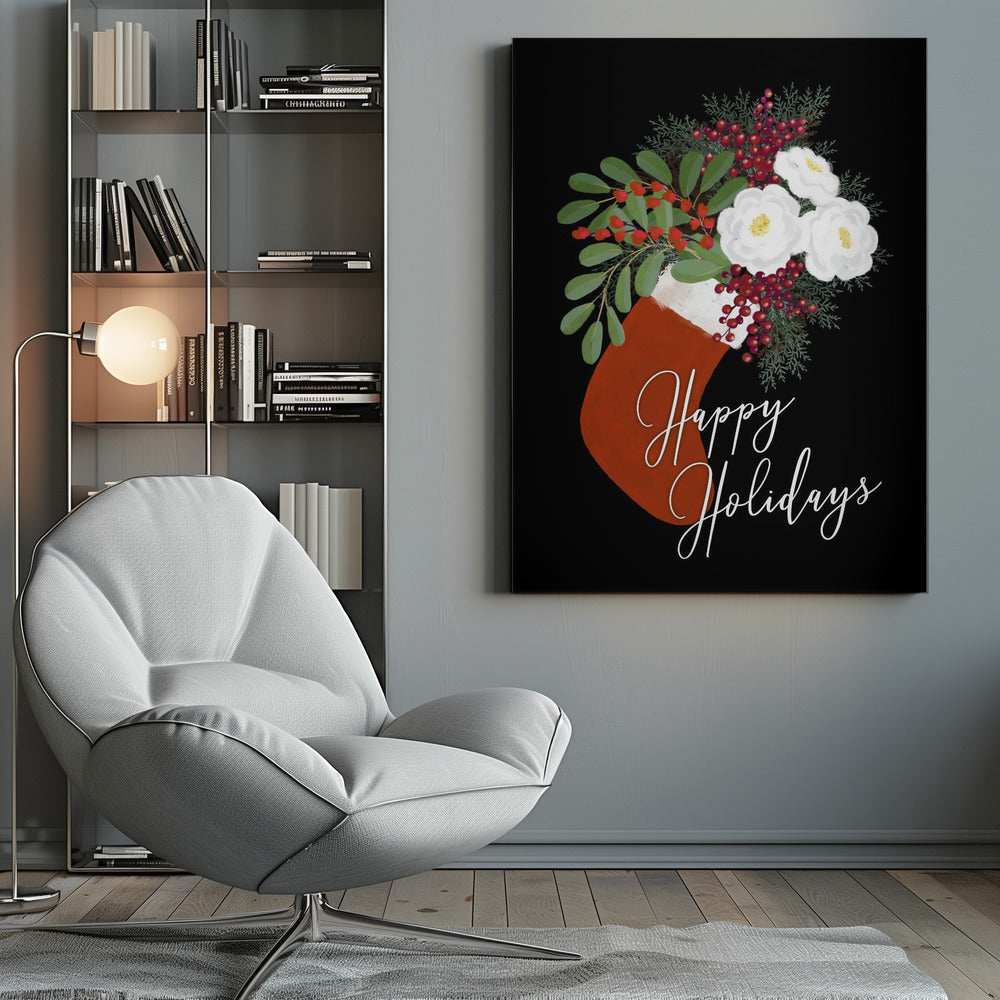 Tableau mural Chaussette florale Joyeuses fêtes sur toile noire