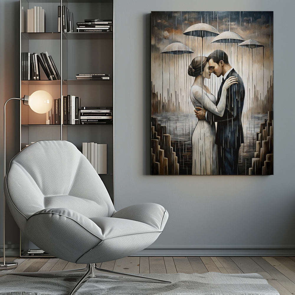 Un baiser sous les parapluies flottants - Décoration murale