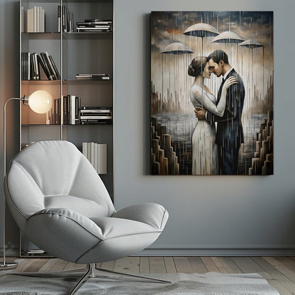 Un baiser sous les parapluies flottants - Décoration murale