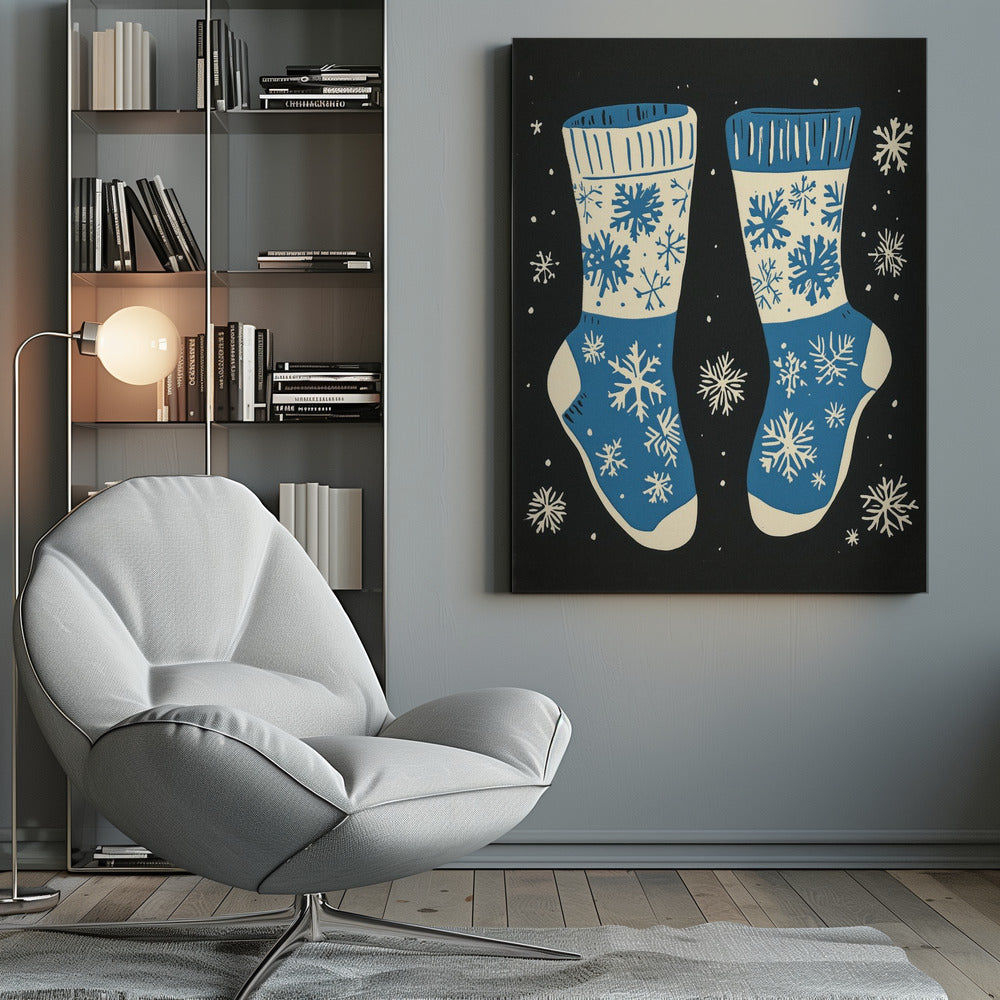 Décoration murale Chaussettes vintage en tricot bleu sur fond noir - Impression sur toile