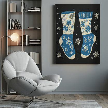 Décoration murale Chaussettes vintage en tricot bleu sur fond noir - Impression sur toile