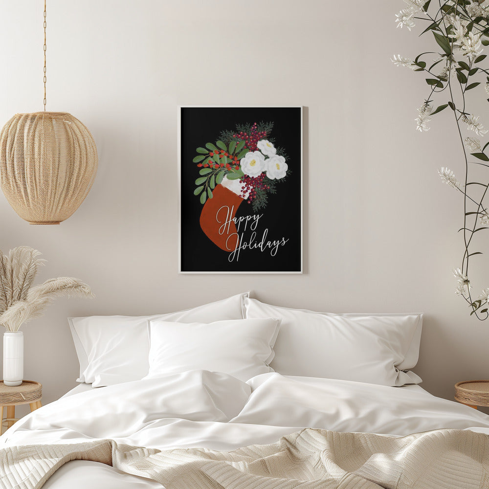 Tableau mural Chaussette florale Joyeuses fêtes sur toile noire