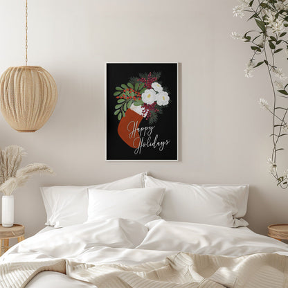 Tableau mural Chaussette florale Joyeuses fêtes sur toile noire