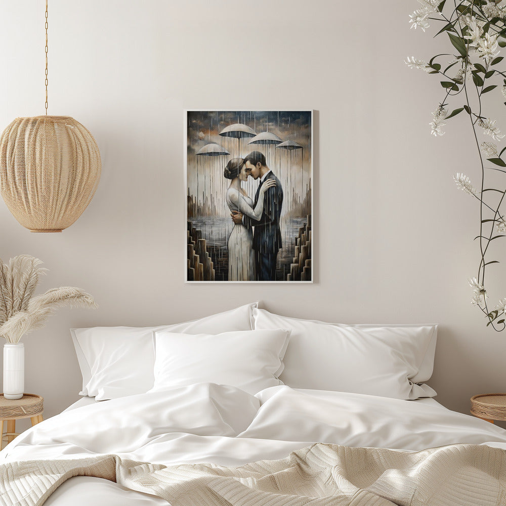 Un baiser sous les parapluies flottants - Décoration murale