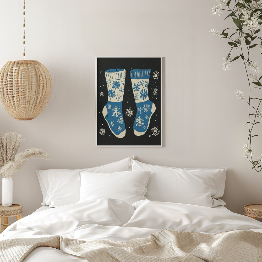 Décoration murale Chaussettes vintage en tricot bleu sur fond noir - Impression sur toile
