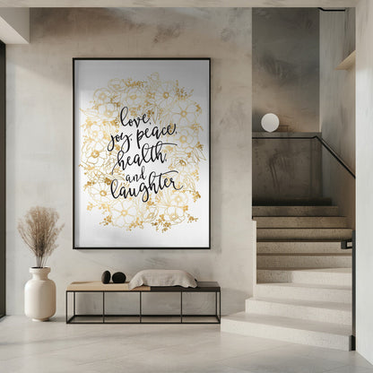 Tableau mural Vœux de fêtes avec fleurs dorées sur toile