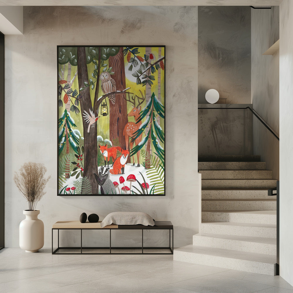 Décoration murale Forêt de Noël verte avec animaux Impression sur toile