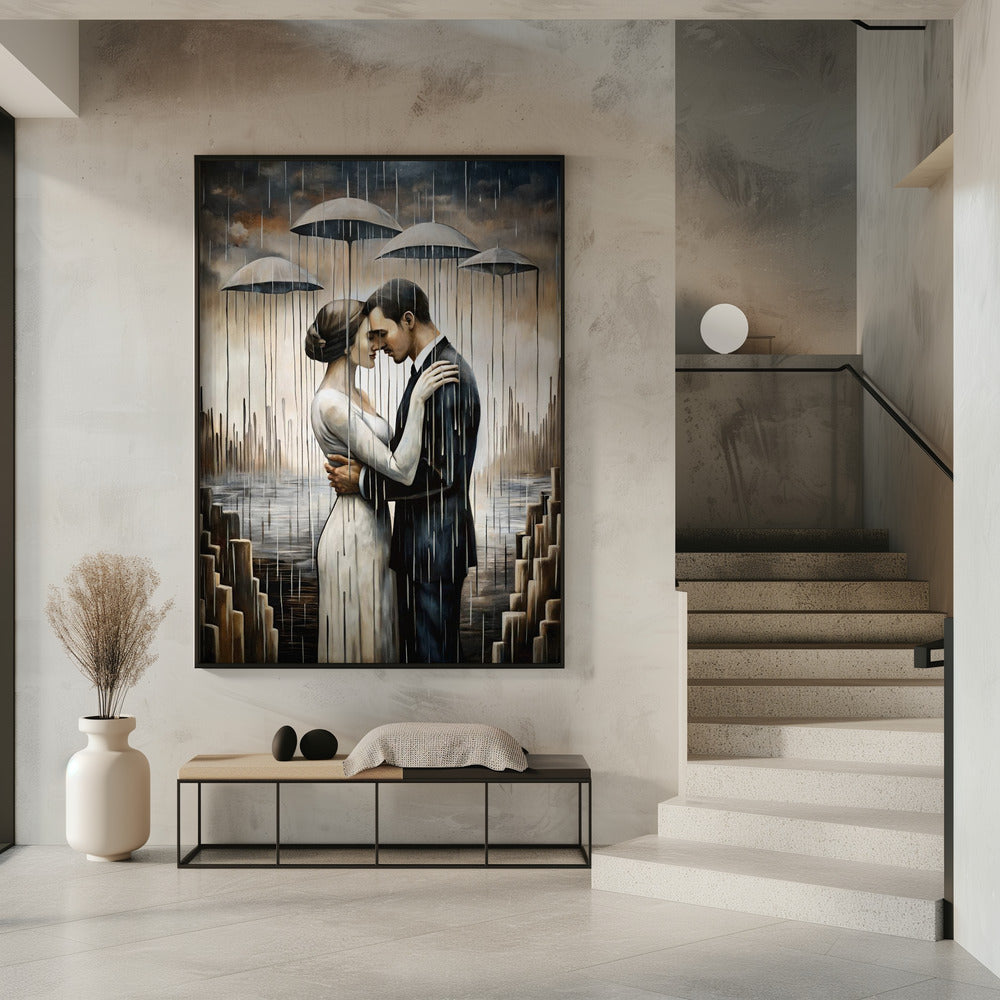 Un baiser sous les parapluies flottants - Décoration murale
