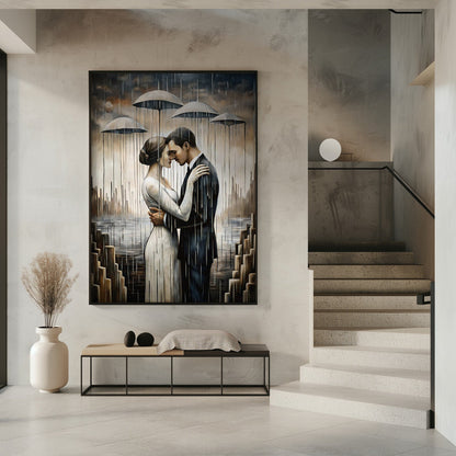 Un baiser sous les parapluies flottants - Décoration murale