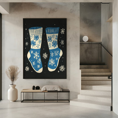 Décoration murale Chaussettes vintage en tricot bleu sur fond noir - Impression sur toile