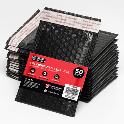 50x EVORETRO Poly Bubble Mailers  4x6" – Black Protective Shipping Envelopes