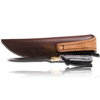Couteau de chasse Kaito en acier Damas, lame de 4 pouces avec étui en cuir de première qualité