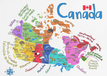 Carte illustrée murale du Canada avec animaux par Carla Daly