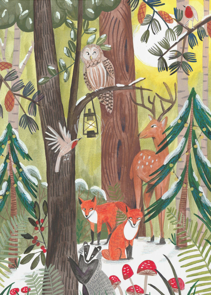 Décoration murale Forêt de Noël verte avec animaux Impression sur toile