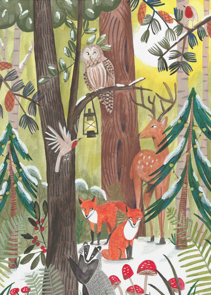Décoration murale Forêt de Noël verte avec animaux Impression sur toile