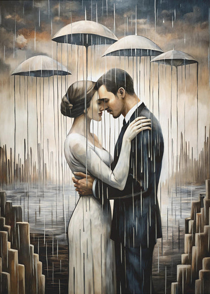 Un baiser sous les parapluies flottants - Décoration murale
