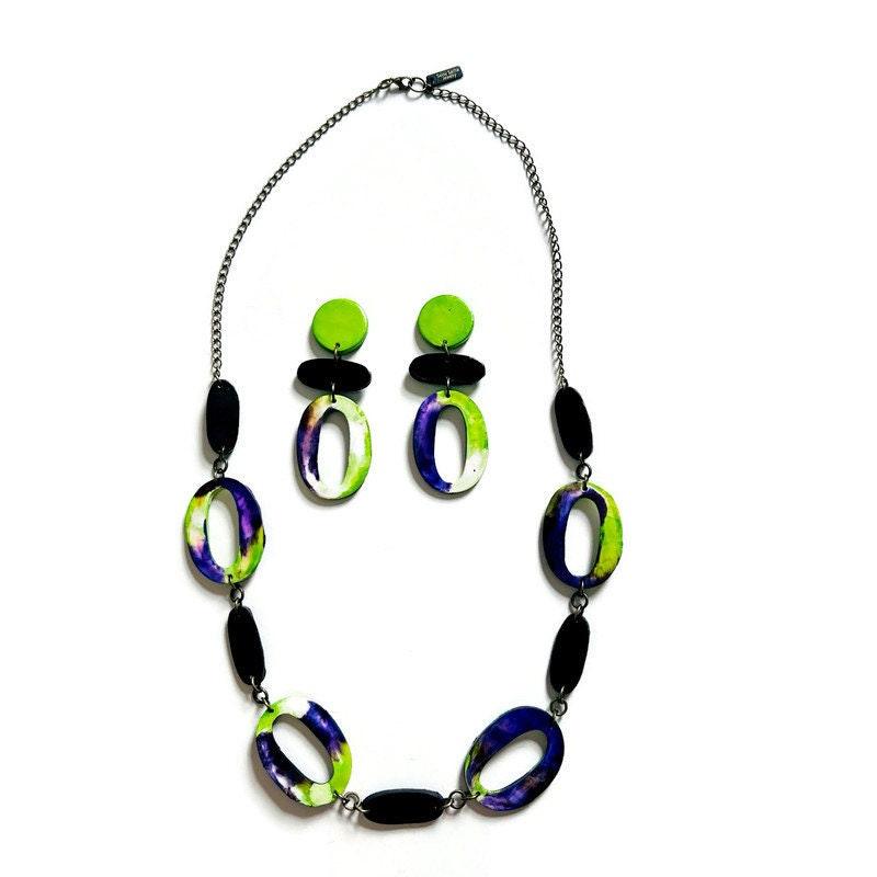 Handmade Purple Neon Green Statement Jewelry Set