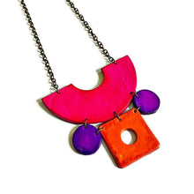 Retro Jewelry Set | Chunky Statement Necklace & Earrings in Neon Pink, Purple & Orange