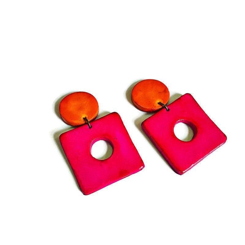 Collier plastron rétro | Collier plastron géométrique en rose fluo, violet et orange