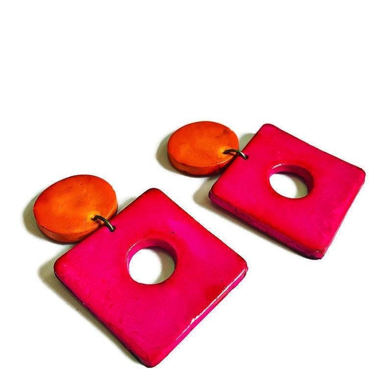 Retro Jewelry Set | Chunky Statement Necklace & Earrings in Neon Pink, Purple & Orange