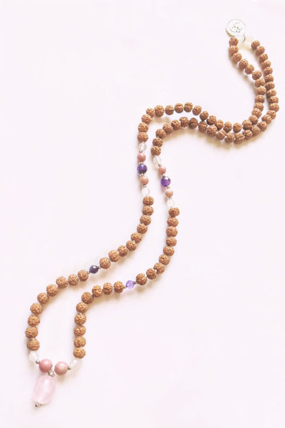 Rose Quartz, Amethyst, Moonstone, Rhodochrosite Stone - Love Mala Necklace
