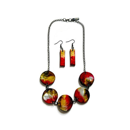 Parure Collier et Boucles d'Oreilles Rustiques à Perles, Faits à la Main en Argile et Peints à l'Encre à Alcool