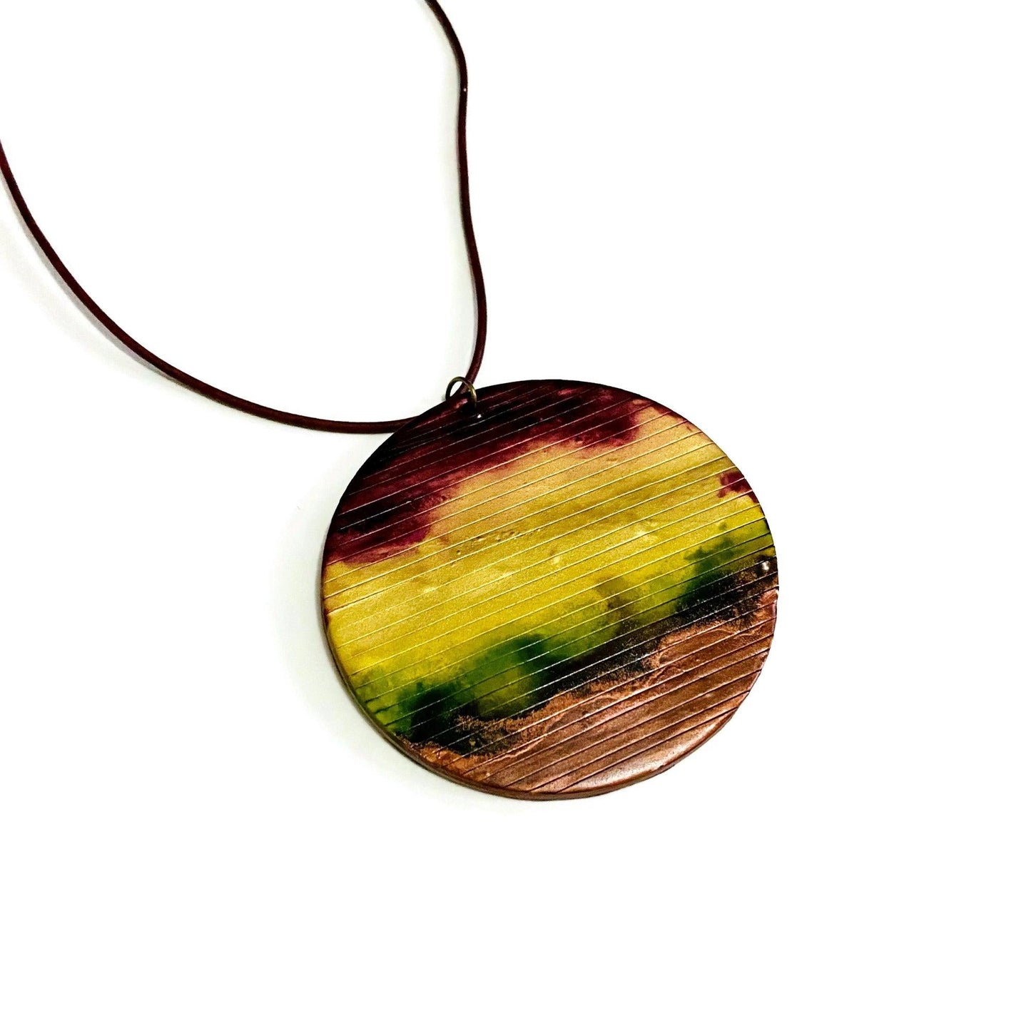 Collier Pendentif Cercle Rustique Épais | Marron Terreux, Or, Vert & Marron