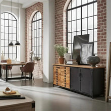 Industrial mango wood sideboard, 4 wood and steel doors