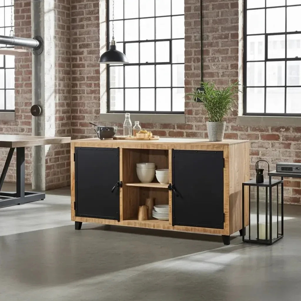 Buffet en manguier avec portes en acier noir