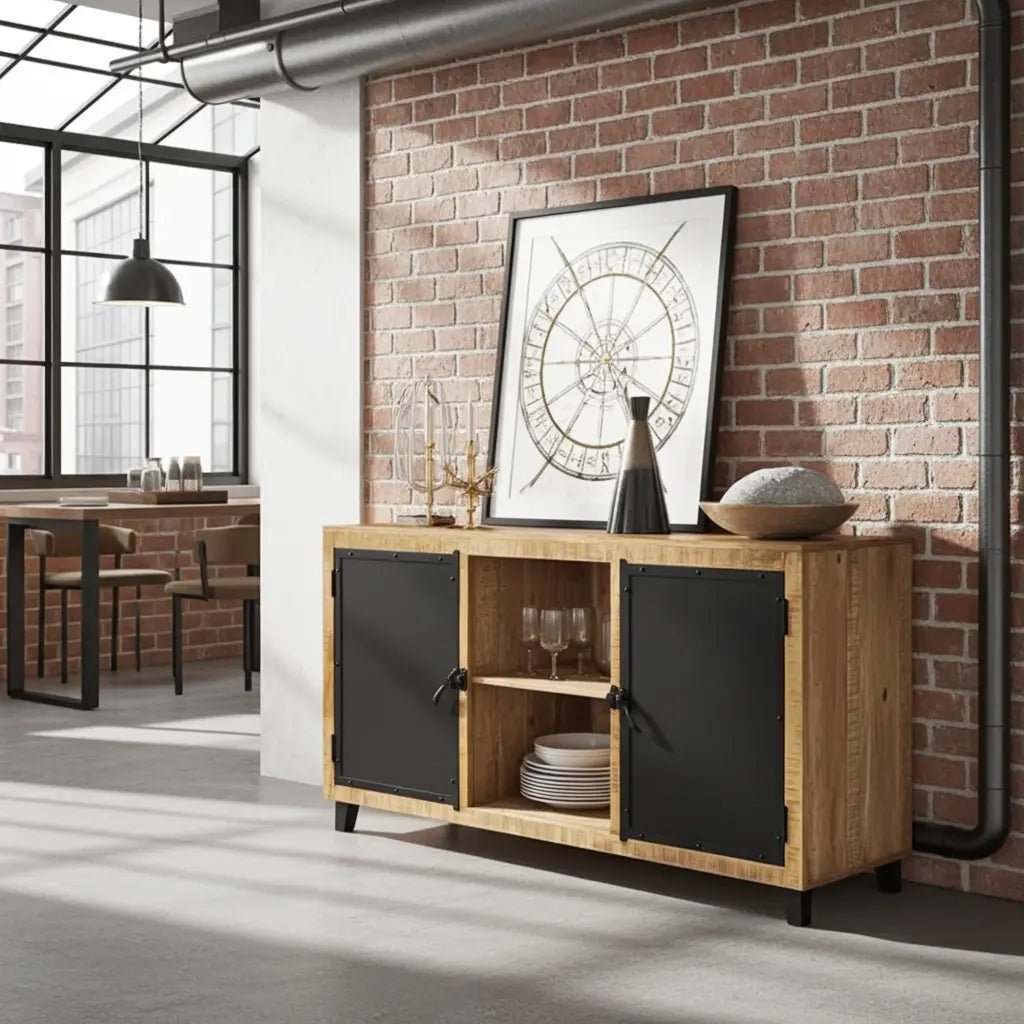 Buffet en manguier avec portes en acier noir