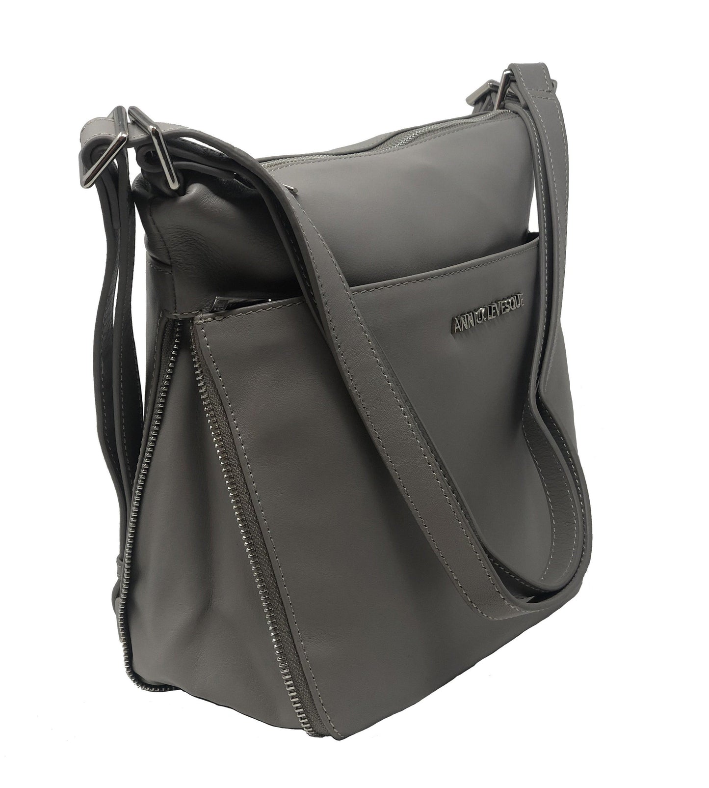 Sac à main transformable en cuir véritable gris, Josée