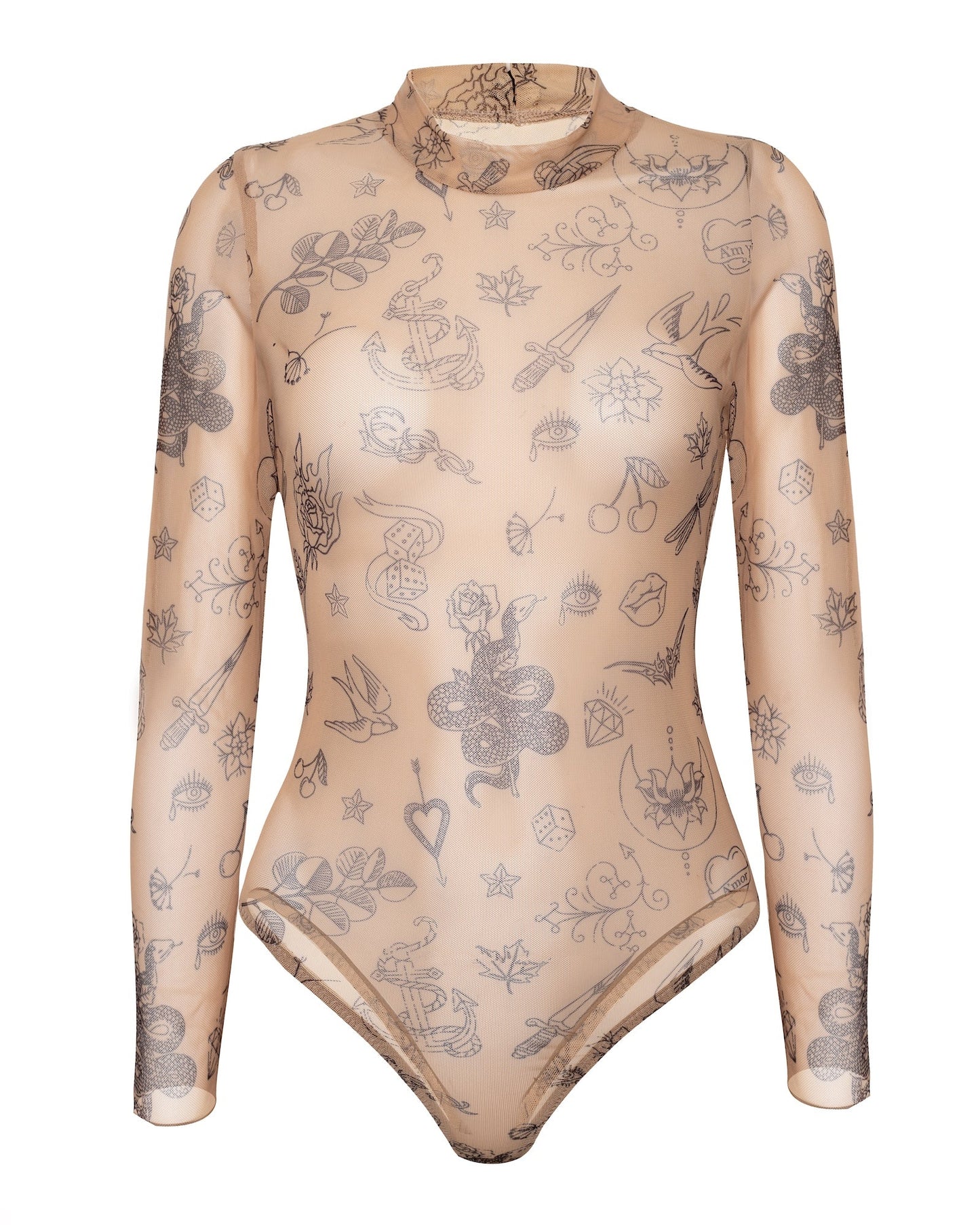 Sheer Mock Neck Tattoo Print Bodysuit, Heze