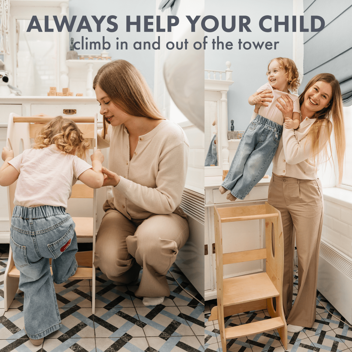 Tour Montessori stable : Chaise évolutive en bois - Beige
