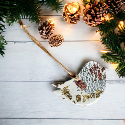 White Christmas Ornament Gift Set of 3, Gold Silver Copper Foil Flakes