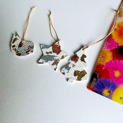 White Christmas Ornament Gift Set of 3, Gold Silver Copper Foil Flakes