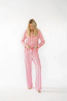 Pink Strawberry & Cherry Bows Adult Button Down Long Sleeve Pajama Top