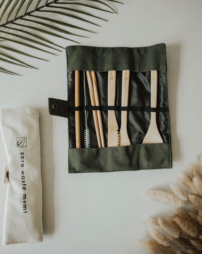 Ensemble de couverts de voyage en bambou avec pochette