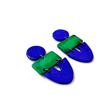 Two Tone Statement Earrings in Green Blue, Post or Clip On Handmade