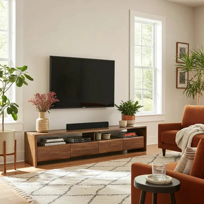 Meuble TV en acacia massif Live Edge (noyer) avec 4 tiroirs